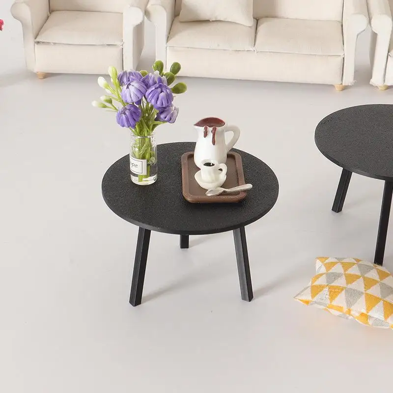 1/12 دمية محاكاة صغيرة سوداء طاولة مستديرة نموذج دمية غرفة المعيشة زخرفة الأثاث بيت الدمى التظاهر اللعب اللعب