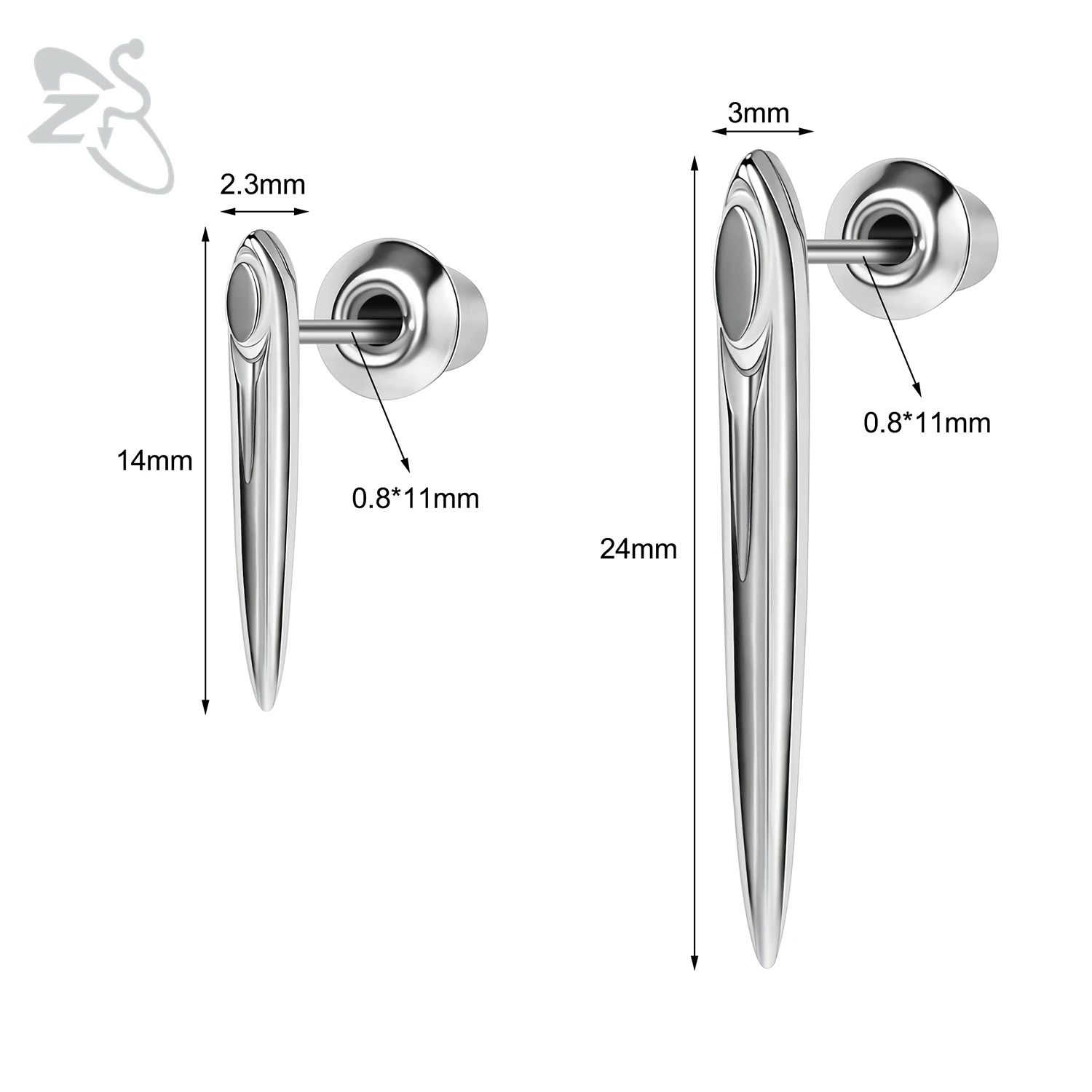 ZS 1 Piece 20G 925 Sterling Silver Stud Earring For Women Girls Wand Shape Ear Studs Helix Cartilage Piercings Jewelry 14MM/24MM