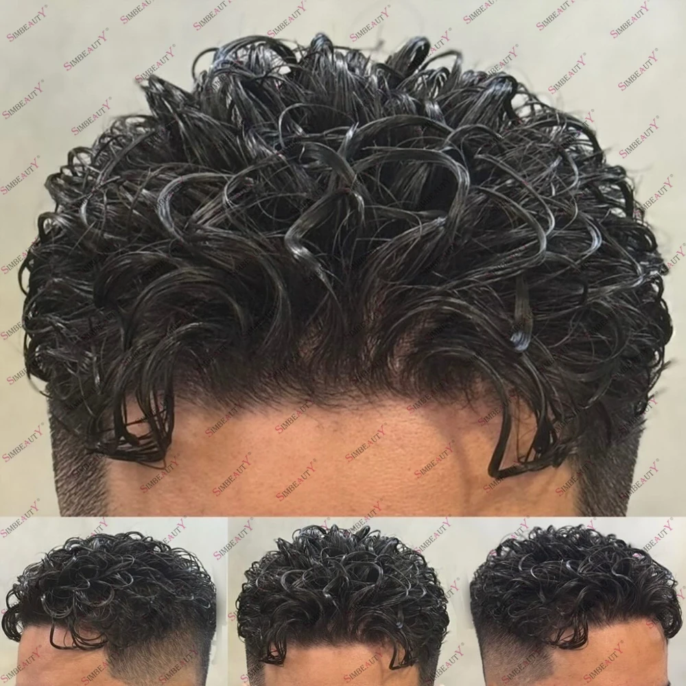 Men 26mm Natural Curly Human Hair Toupee Hair Replacement Capillary Prosthesis 100% Human Hair Durable Skin Base Poly Easy Wear