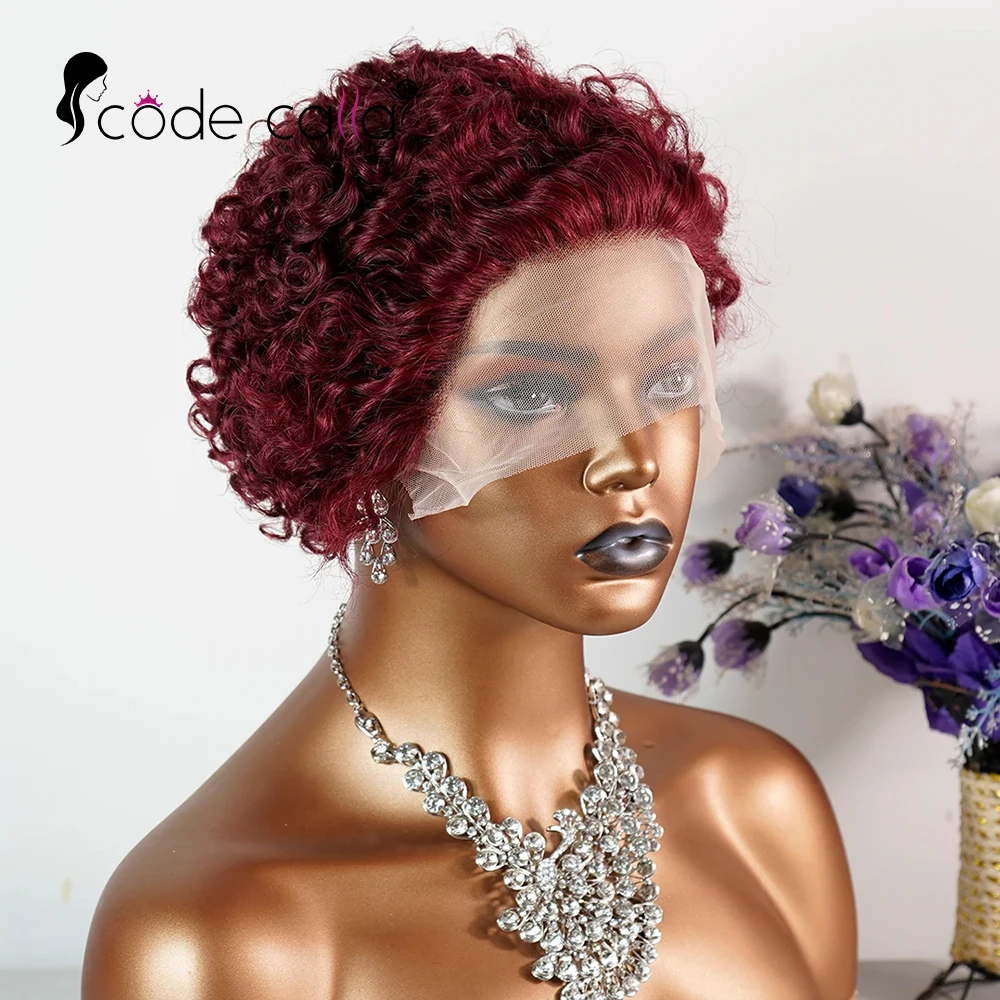 

99J Red Colored Kinky Curly Wig Human Hair 13x4 Burgundy Black Short Bob Lace Front Human Hair Wigs For Women Short Deep Curly