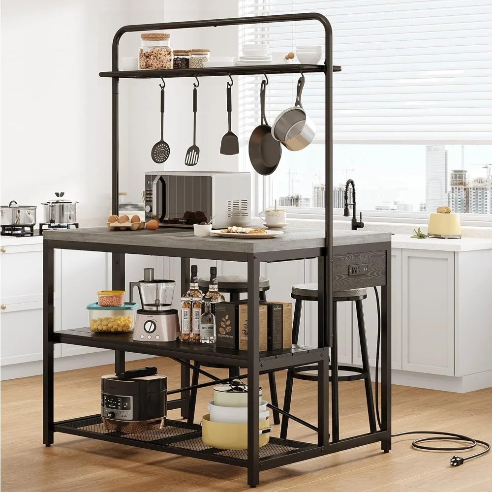 46-Inch Kitchen Island Table with Baker's Rack, Power Outlet, and 3-Tier Storage - Microwave Stand and Oven Shelf, Metal Coffee