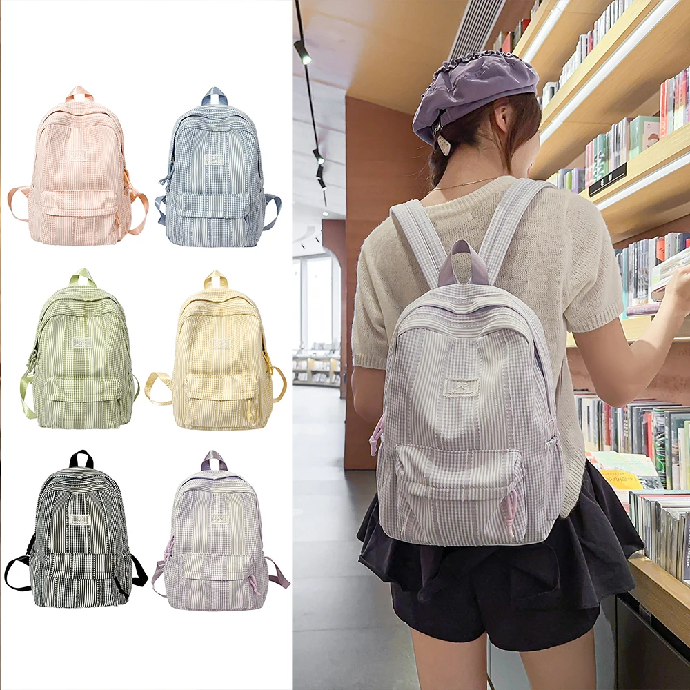 Mixed Stripe Check Backpack, Soft Woven Fabric Daypack, Cute Pastel School Bag for Teen Girls, Campus & Daily Casual Wear