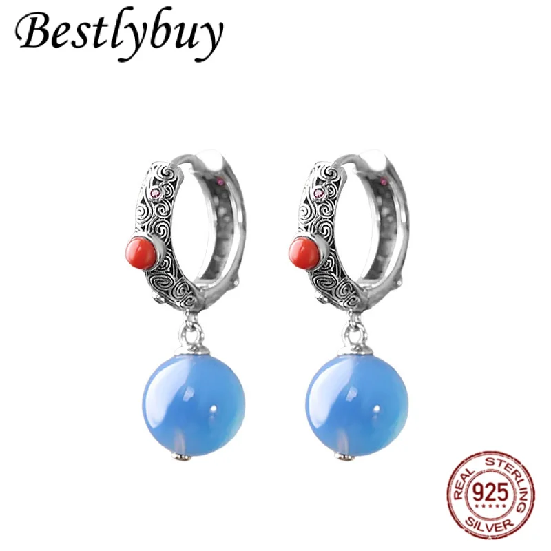 

925 Silver Blue Jade Marrow Earrings Vintage Hollow out Lucky Cloud Pattern Round Beads Hanging Earrings Women's New Year Gift