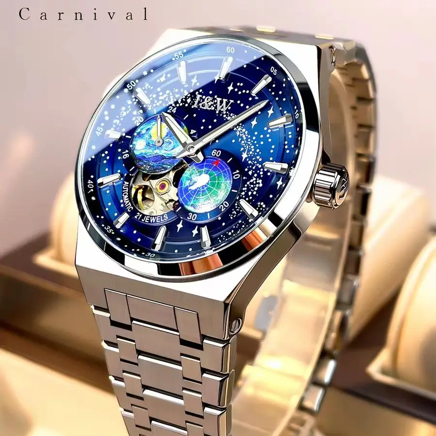 Carnival Men Automatic Watch 42MM Mechanical Wristwatch Sapphire Mirror Waterproof Luminous Earth Star Second Dial
