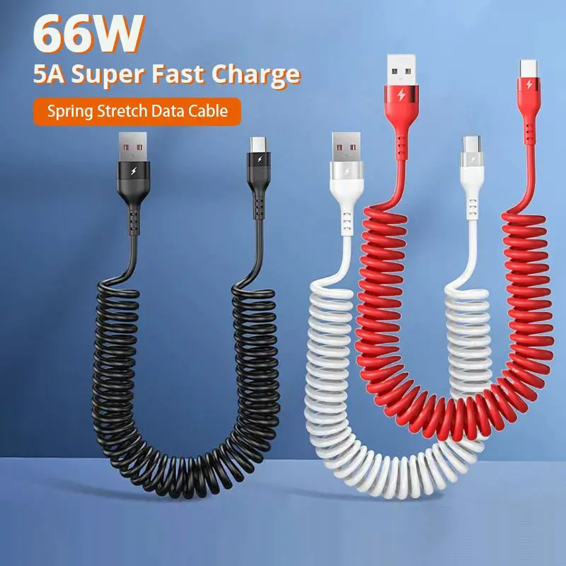 Spring Telescopic  66W 5A Fast Charging Type C Data Cable USB 3A Micro Car Phone Charger for iPhone13 14 Pro Sumsung Xiaomi POCO