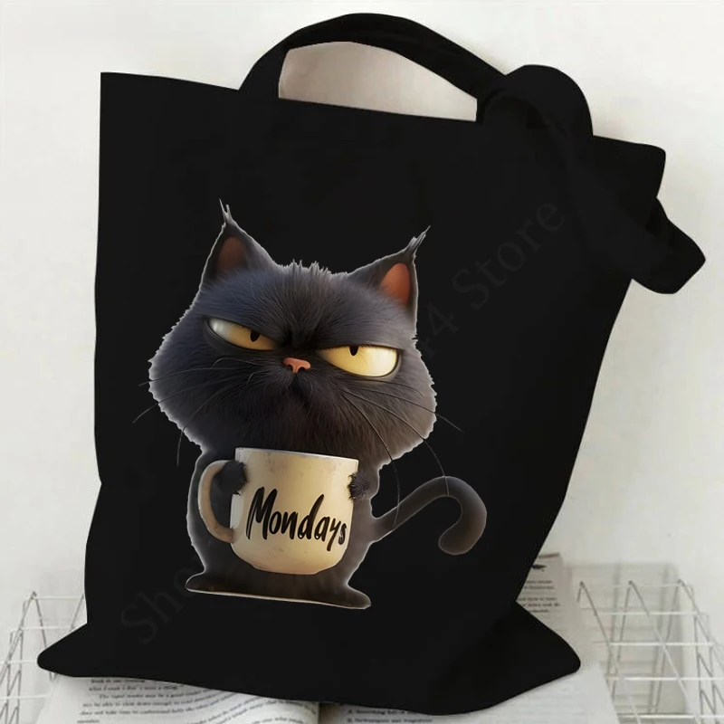 Creative Black Cats and Flower Pattern Tote Bags Women Cartoon Animal Canvas Shoulder Bags Funny Kitten Lover Shopping Handbags