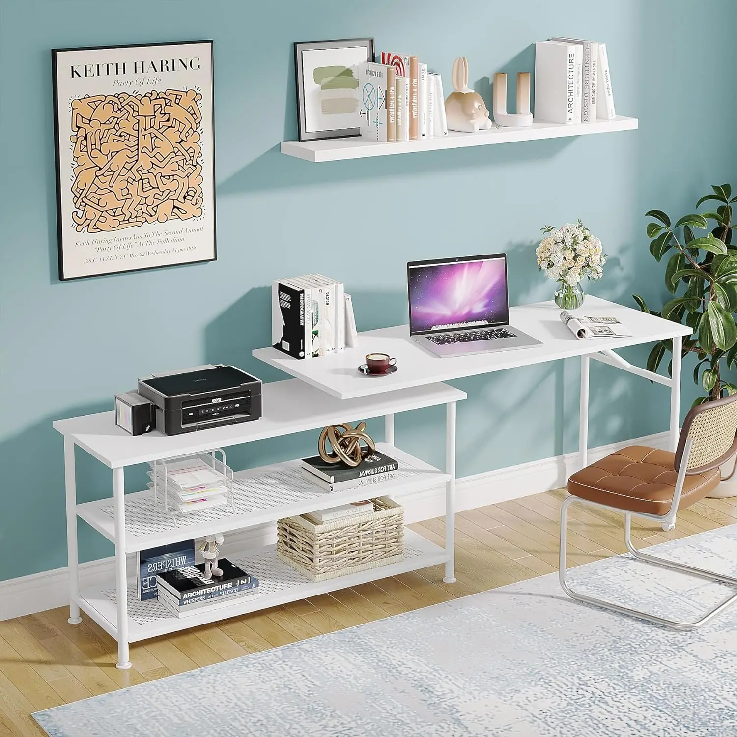 Bureau moderne en forme de L avec étagères de rangement, coin de bureau rotatif à 360 °, étude informatique, table d'écriture, poste de travail avec étagères ouvertes