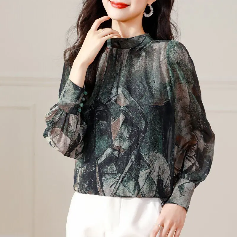 

Elegant French Style Print Shirt with Stand Collar and Lantern Sleeves