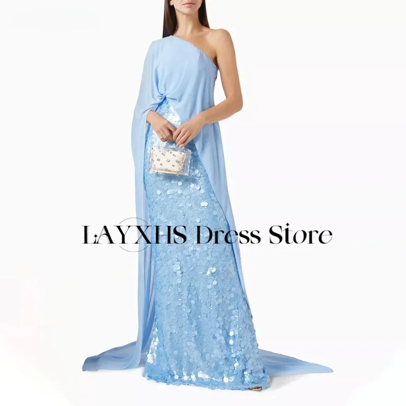 LAYXHS Sukienki wieczorowe na jedno ramię, niebieskie cekiny, peleryna, sukienki damskie na studniówkę, szyte na miarę فستان سهرة نسائي
