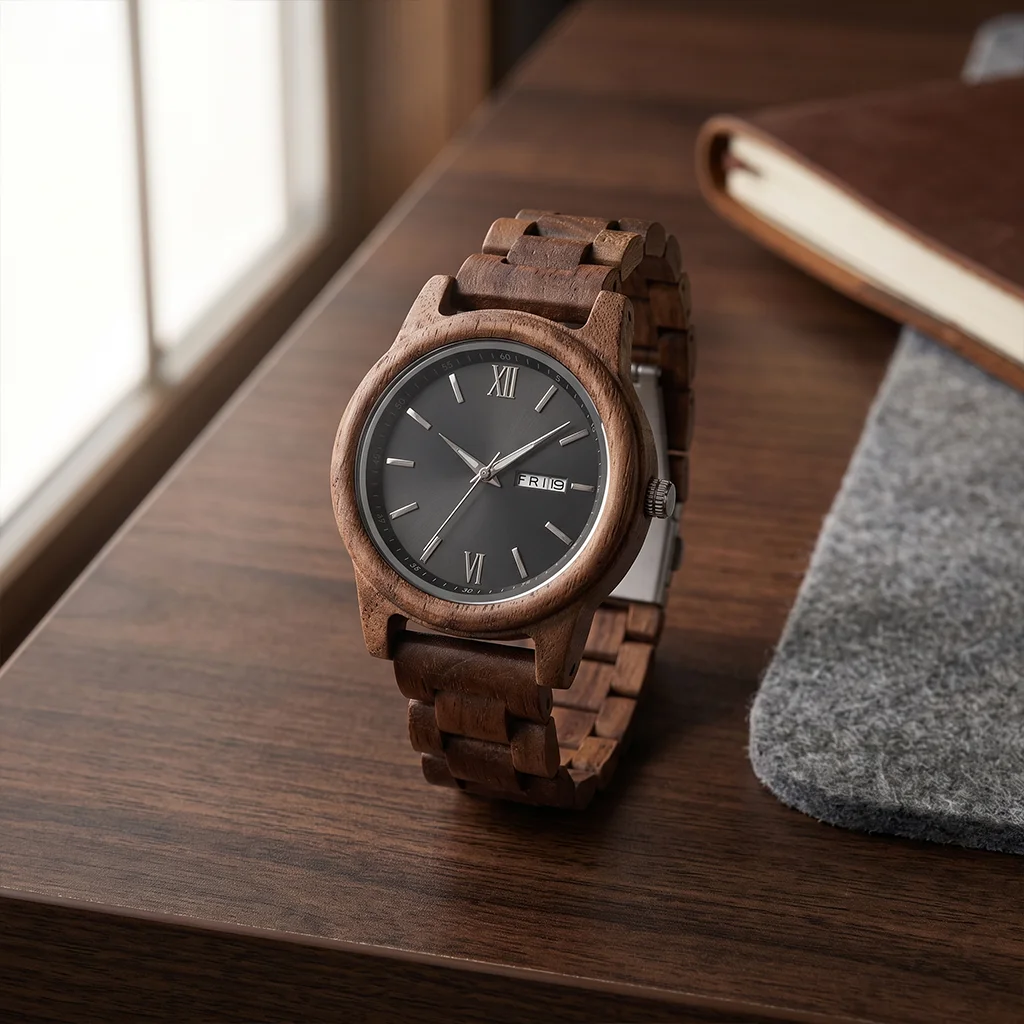 Men's Wooden Quartz Wristwatch with Date and Week Display description 10