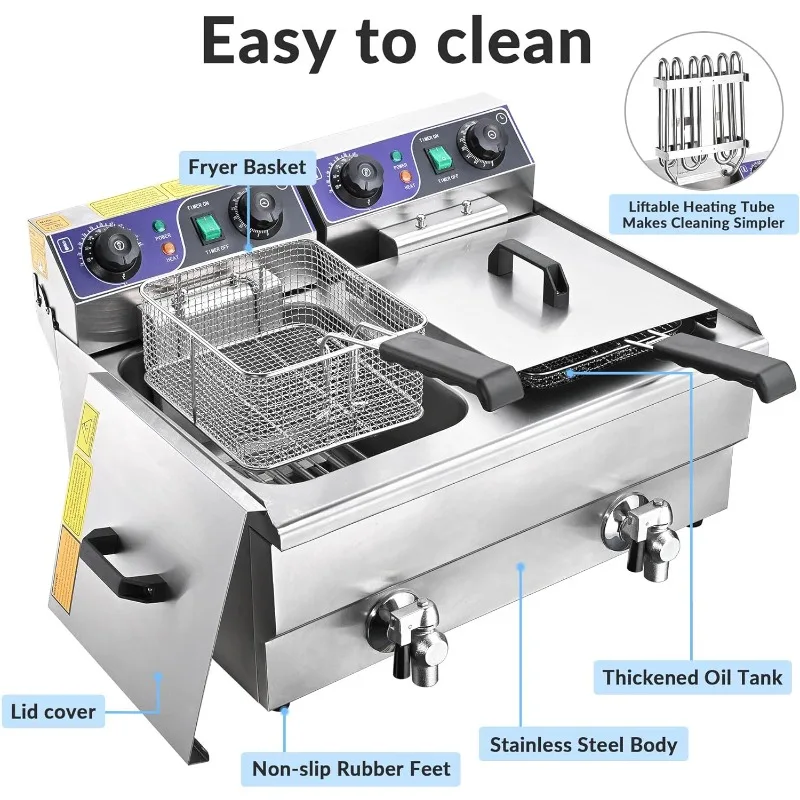 WeChef 業務用電気フライヤー 23.4L 3000W フライヤー 時間制御と油濾過付き デュアル取り外し可能なバスケット