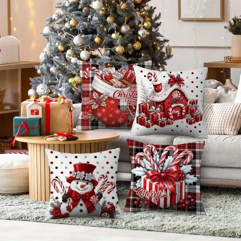 VIKAMA 4Pcs Retro Buffalo Plaid Bow Xmas Slogan Cushion Cover for Sofa Christmas Pillow Case Holiday Home Decor No Insert
