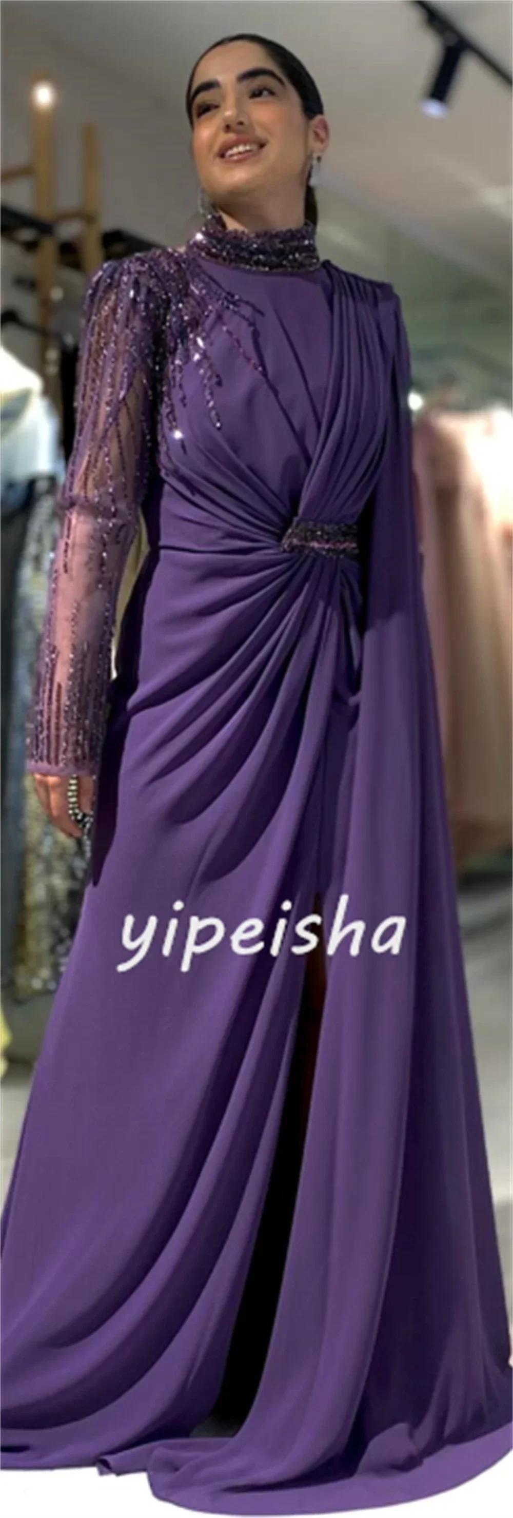 Customized High Quality Chiffon Applique Sequins Valentine's Day A-line High Neck Custom Long Skirt Unique Design Showcasing Ari