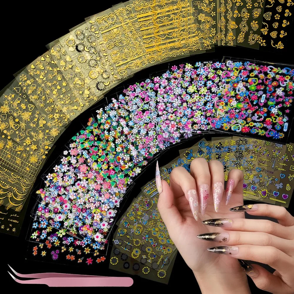Flower Nail Art Stickers Gold Floral Nail Decals Design Summer Nail Decor Accessories for Women Girls Kids 50 Sheets Nail Stickers