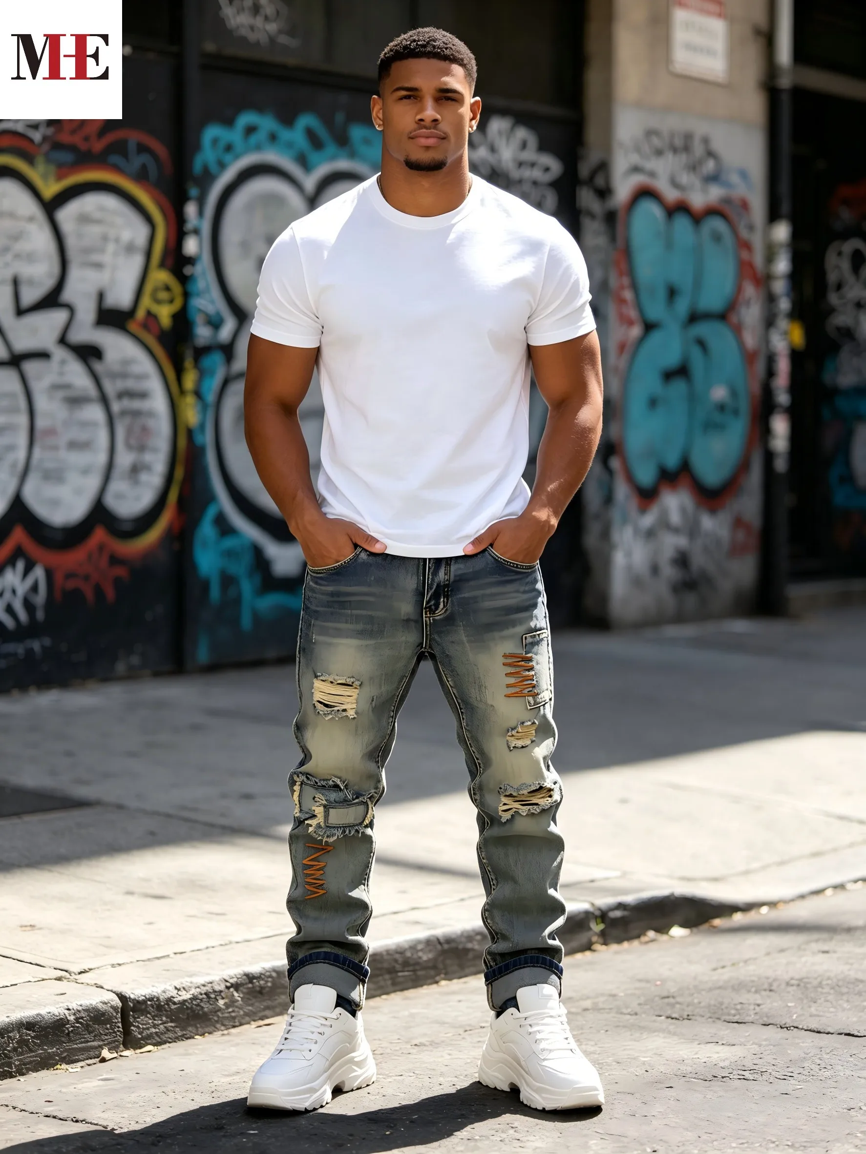 【HME】Men's Jeans | Mud vintage Faded Slim Tapered Denim Pants with Multi Frayed Rips and Orange Zigzag Embroidered Patches, Stretch Soft Anti-Fade Retro Wash Denim Fabric, Y2K Street Men's Distressed Fashion Denim Pants.