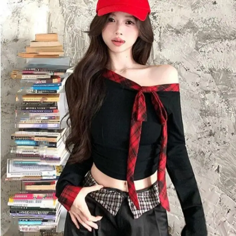 Schulterfreies Basishemd, One-Shoulder-Top, sexy Damen-T-Shirt mit schräger Schulter und langen Ärmeln, neuer Herbst- und Winterstil