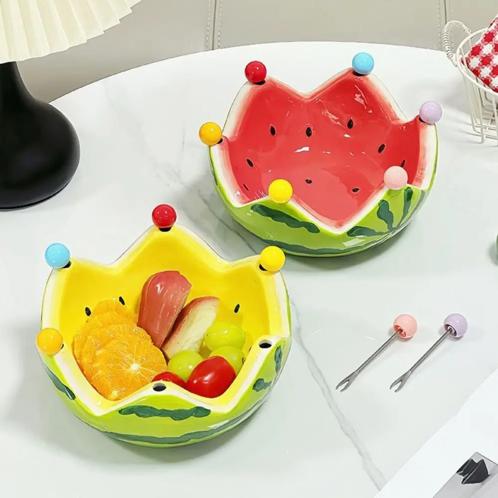 

Ceramic Watermelon Shape Fruit Plate Large Capacity with Forks Dessert Salad Bowl Cute Storage Plate Food Picks