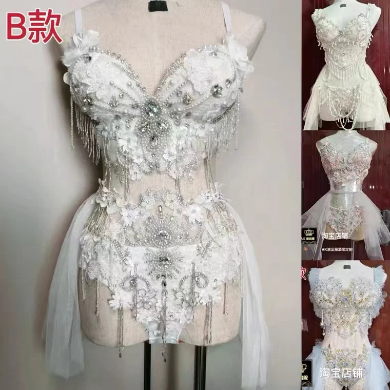 

Women Luxury Nightclub Bar Shiny Diamond Pearl Tassel Bikini Set Party Bar Nightclub Singer Dance Team Stage Prom Birthday Wear