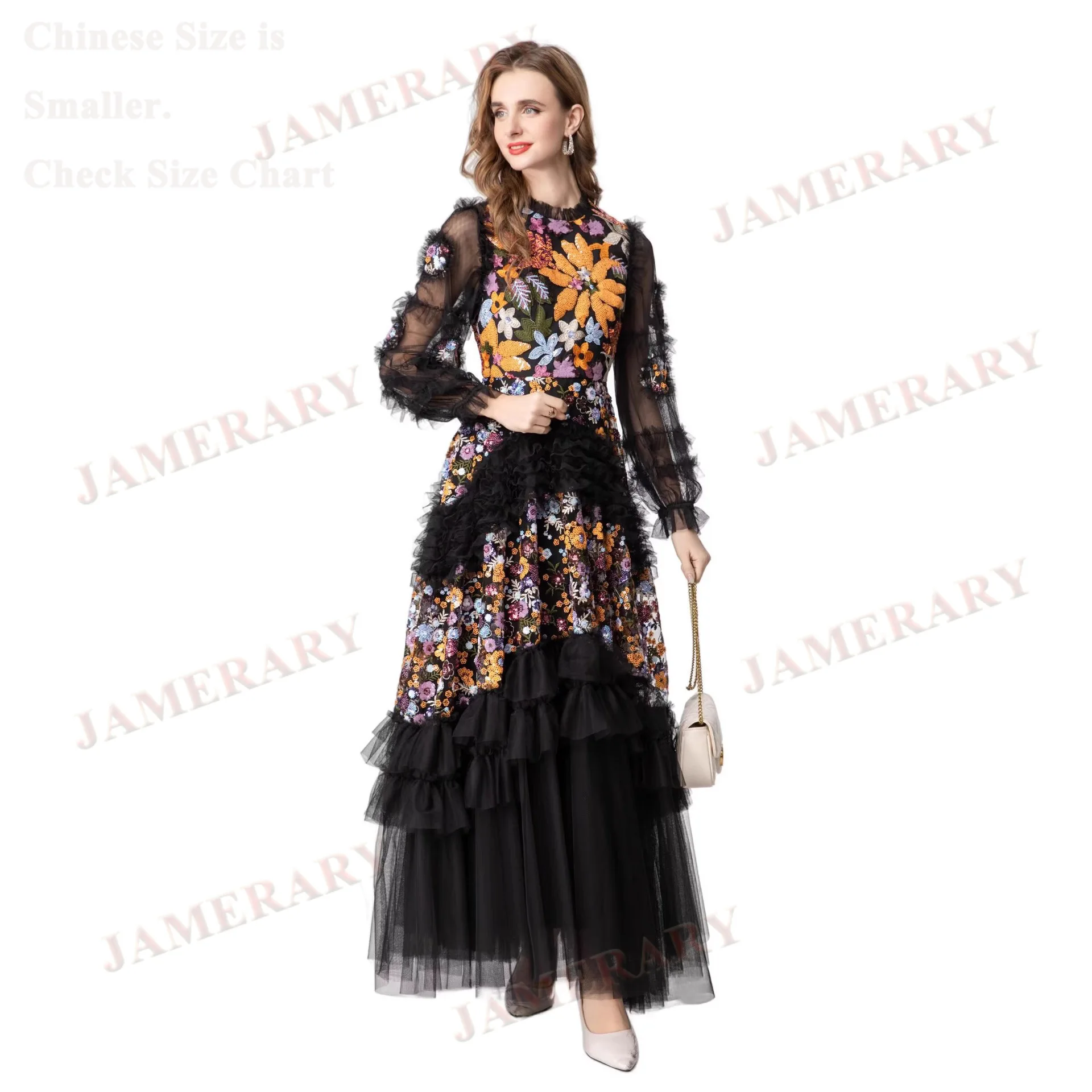 فساتين صيفية فاخرة رسمية للسهرات ترتر للنساء مطرزة بكشكشة وأكمام طويلة فستان ماكسي أسود للحفلات الراقصة والزفاف من التول