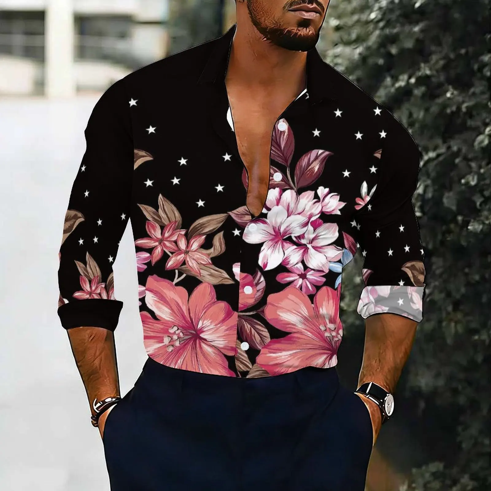 Men Turn‑down Collar Long Shirt Romantic Blossom Star‑dot Graphic Print Button‑front Fashion Urban Holiday Blouse For Male