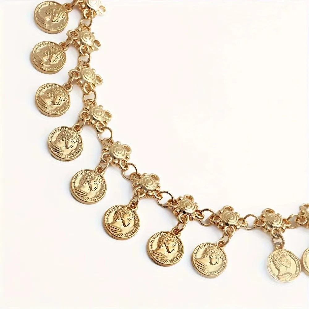 سلسلة بطن معدنية كلاسيكية على الطراز العرقي، تصميم شرابات ذهبية/فضية، حزام خصر يهز العملات المعدنية، سلسلة خصر للنساء