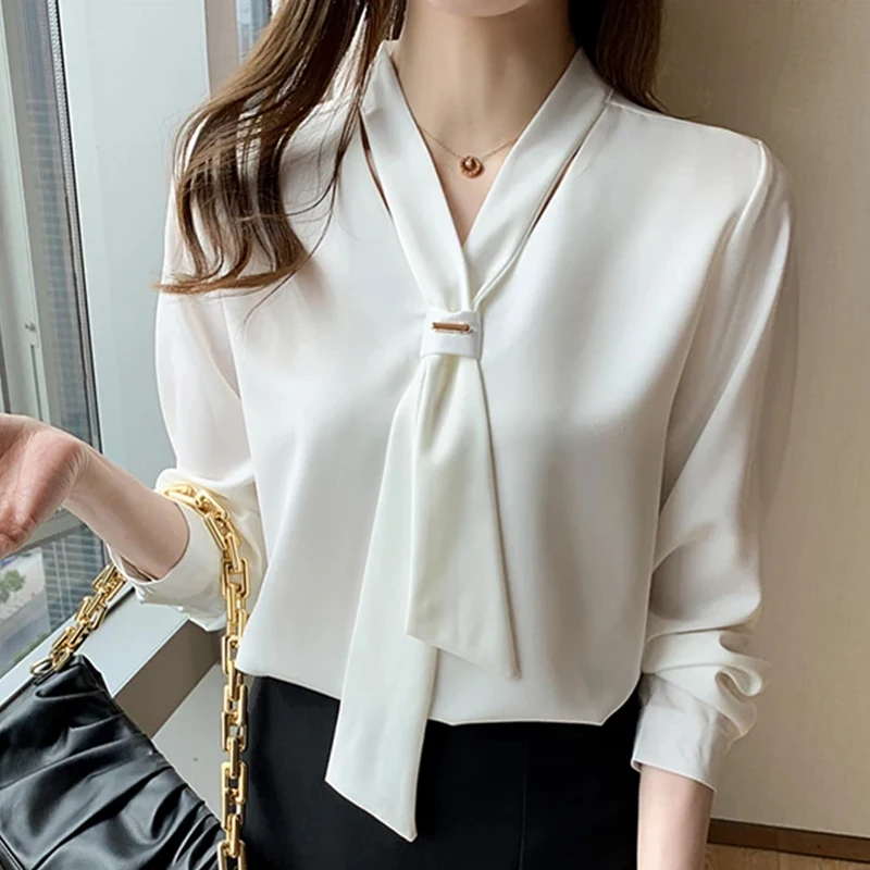 Fashion Chiffon Women Blouses and Tops Elegant Office Long Sleeve White Shirt with Tie V-Neck Loose Female Clothing Blusas 13022