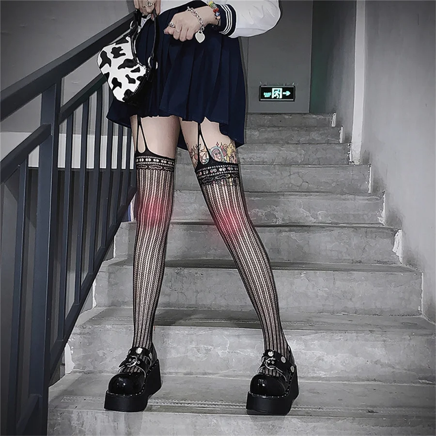 

Sexy Black Women Stockings With Belt Set High Fish Net Tights Erotic Lingerie Pantyhose Floral Long Mesh Lace Stocking