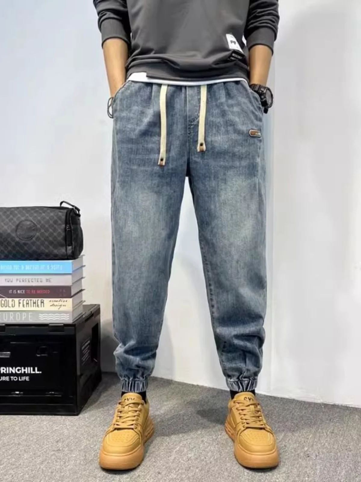 

Blue Men's Casual Loose Harlan Cuffed Jeans Spring Autumn New Sle Versatile Trendy Harlan Pants Youth Wear Denim Jeans