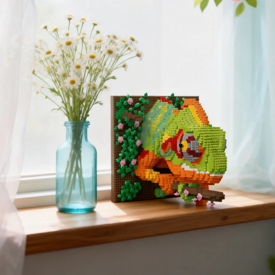KNEW BUILT Chameleon, Parrot, kreative 3D-Tier-Wandmalerei, Mikrobausteine – DIY-Desktop-Dekoration, Puzzle-Spielzeug, Weihnachts- und Geburtstagsgeschenk – Detail 1