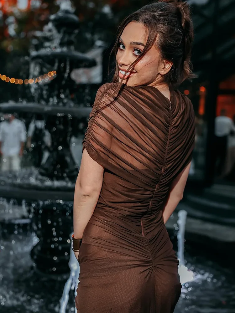 เดรสยาวรัดรูปผ้าตาข่ายรูดระบายสำหรับผู้หญิง ดีไซน์เว้าช่วงตัว เซ็กซี่ โปร่งบาง แฟชั่น เสื้อครอปท็อปเข้ารูป ทรงบอดี้คอน ยาว หรูหรา เหมาะสำหรับงานปาร์ตี้และสวมใส่ในชีวิตประจำวัน