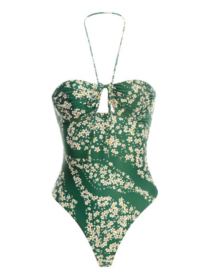 Green Small Floral Print One-piece Bikini Swimsuit And Long Coverage Fashionable Gentle Youthful Tie Neck Hanging Design