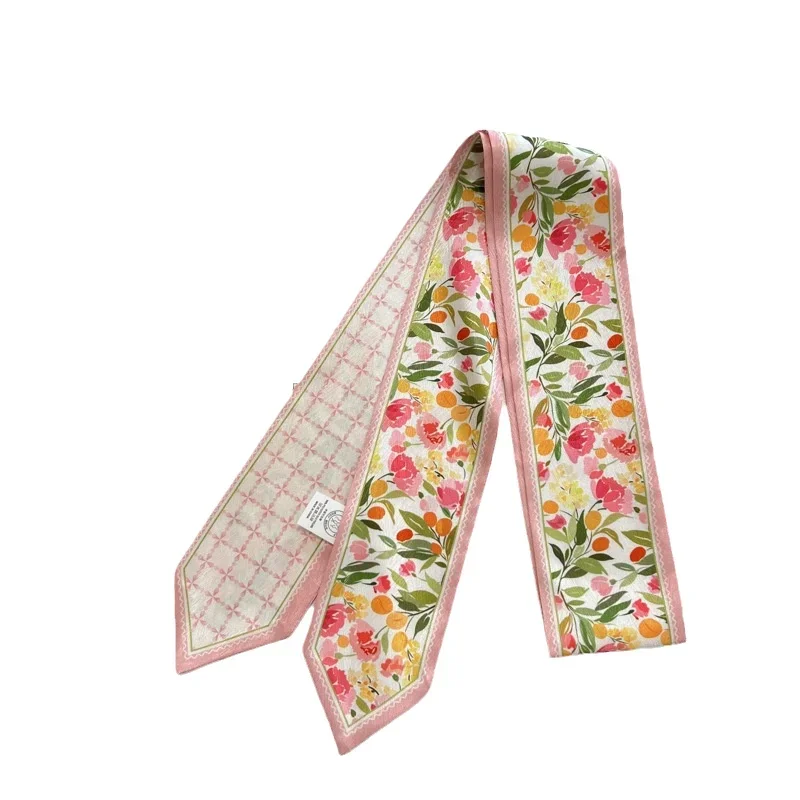 

Высококачественный длинный шелковый шарф с цветочным принтом, лента для волос, завязанная лента для волос, длинный бант, винтажная атласная лента, аксессуары для волос для женщин