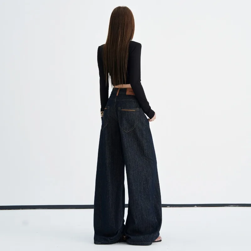 Y2K Women Denim Blue Heavy Washed Denim Jeans 2026 Early Autumn Contrast Leather Tab Loose Wide Leg Casual Trousers