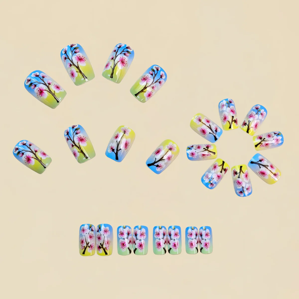 Uñas postizas medianas para mujeres y niñas, diseño de mariposa de flores rosas para la temporada de primavera y verano, puntas de uñas cuadradas prensadas en uñas postizas