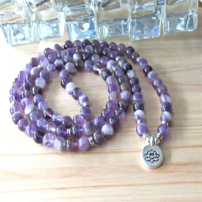 

6mm Amethyst Gemstone mala Bracelet 108 Beads Lotus Pendant Stackable Buddhist Charm Karma Party Artisan Bohemian Prayer