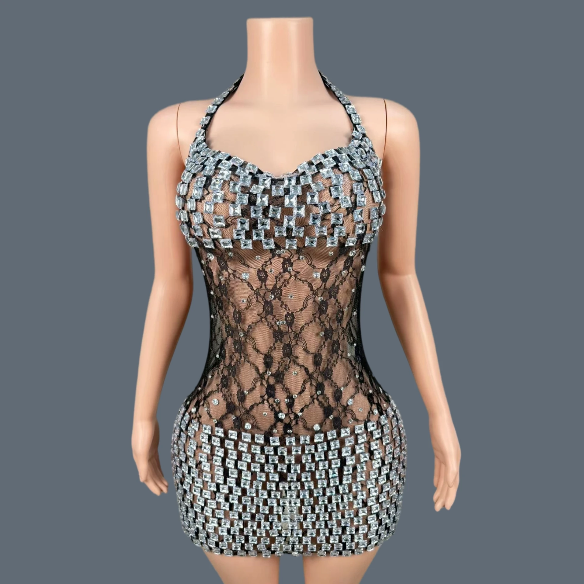 Sparkly Silver Rhinestone Sleeveless See Through Mesh Mini Dress Night Club Sexy Black Lace Party Dance Performer Outfit Miansha