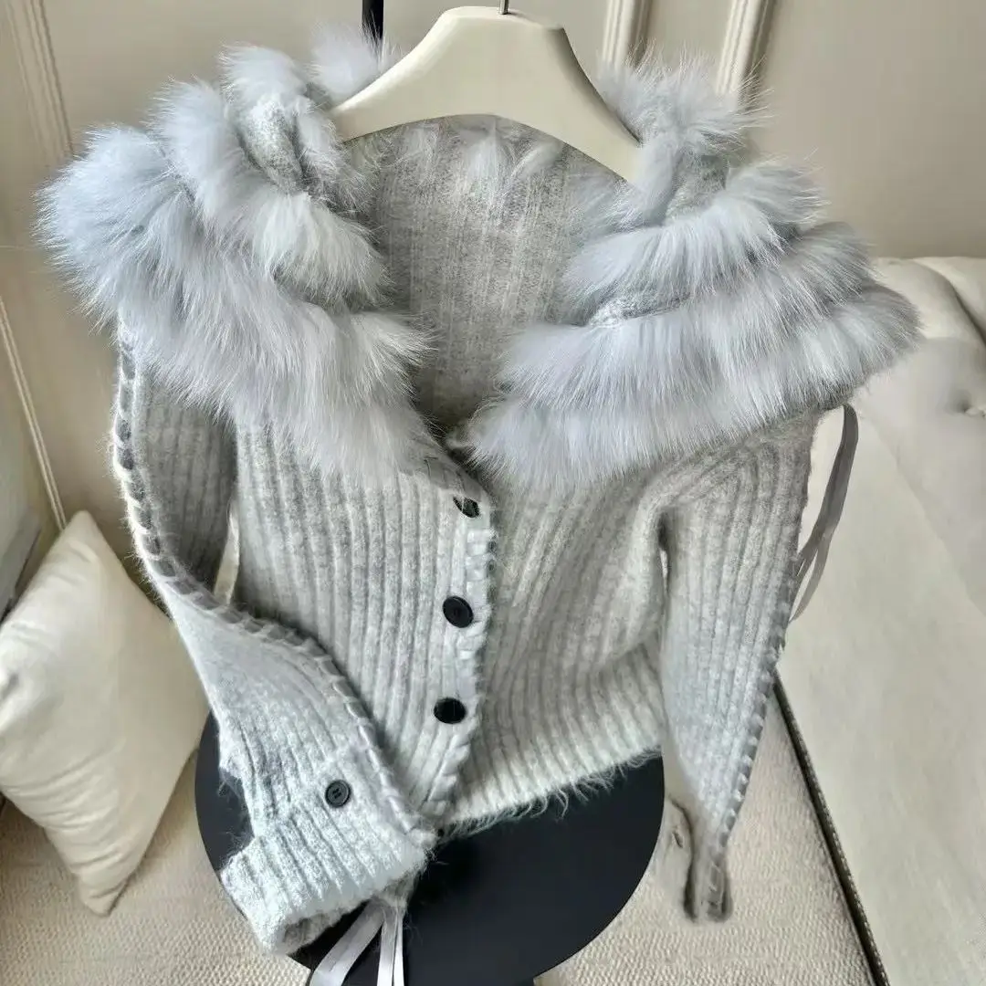 Nuevo diseño de moda de otoño cárdigan de punto para mujer Vintage solapa piel de visón Patchwork Casual ajustado suéter con cordones Top prendas de punto