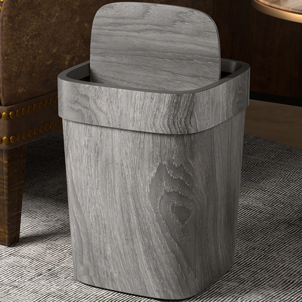 

Retro Wood Grain Swing Lid Trash Can Plastic Waste Bucket for Home Kitchen Bathroom Small Garbage Can Round