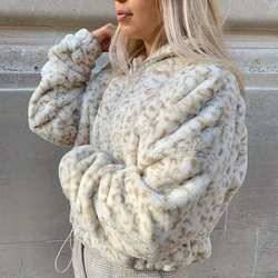 Leopard Print Rabbit Fur Zipper Sweatshirts Casual Loose 90s Hoddies Autumn Fashion Long Sleeve Oversize Top Women Korean Style