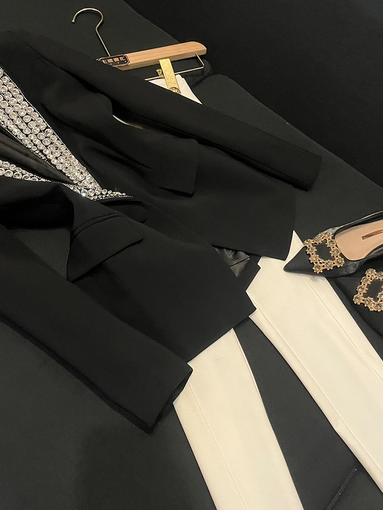 Heavy Embellied Diamond Single Button Jaet Sli Commute Wind Damen Long Sve Anzug Jaet Faionable Celebri