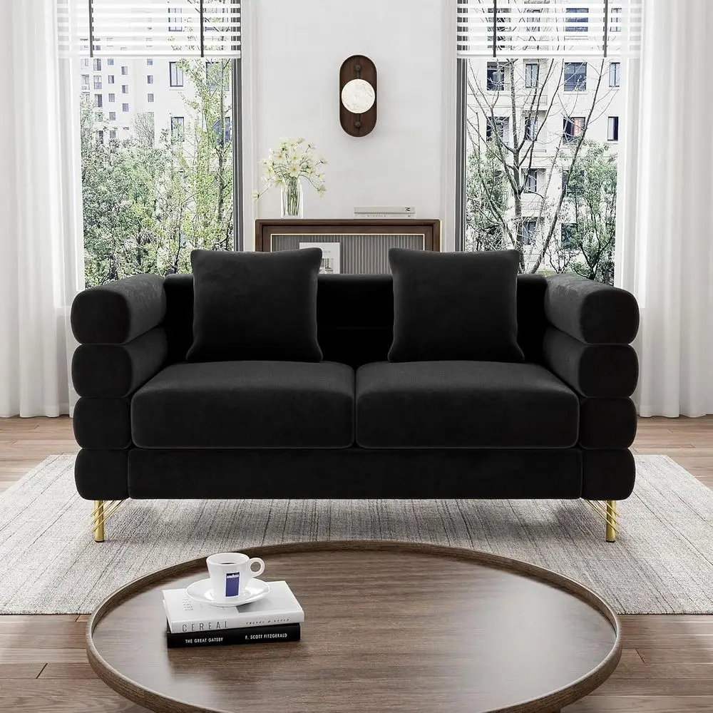 

59 Deep Seat Velvet Loveseat Sofa with 2 Pillows, Comfortable 2-Seater for Living Room or Bedroom, Jet Black Velvet