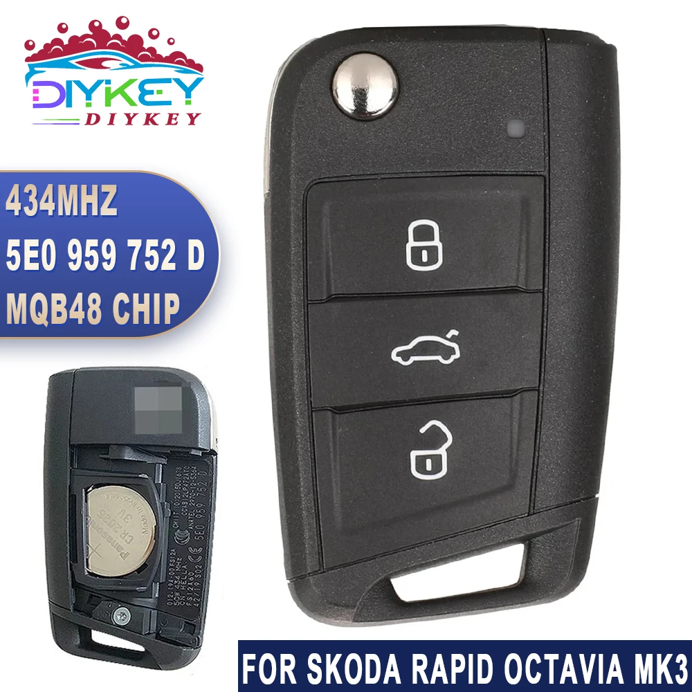 DIYKEY P/N: 5E0 959 752 D 5E0959752D OEM Remote For Skoda Rapid Octavia MK3 2013+ 434MHz MQB ID48 Chip No Keyless Flip Key Fob