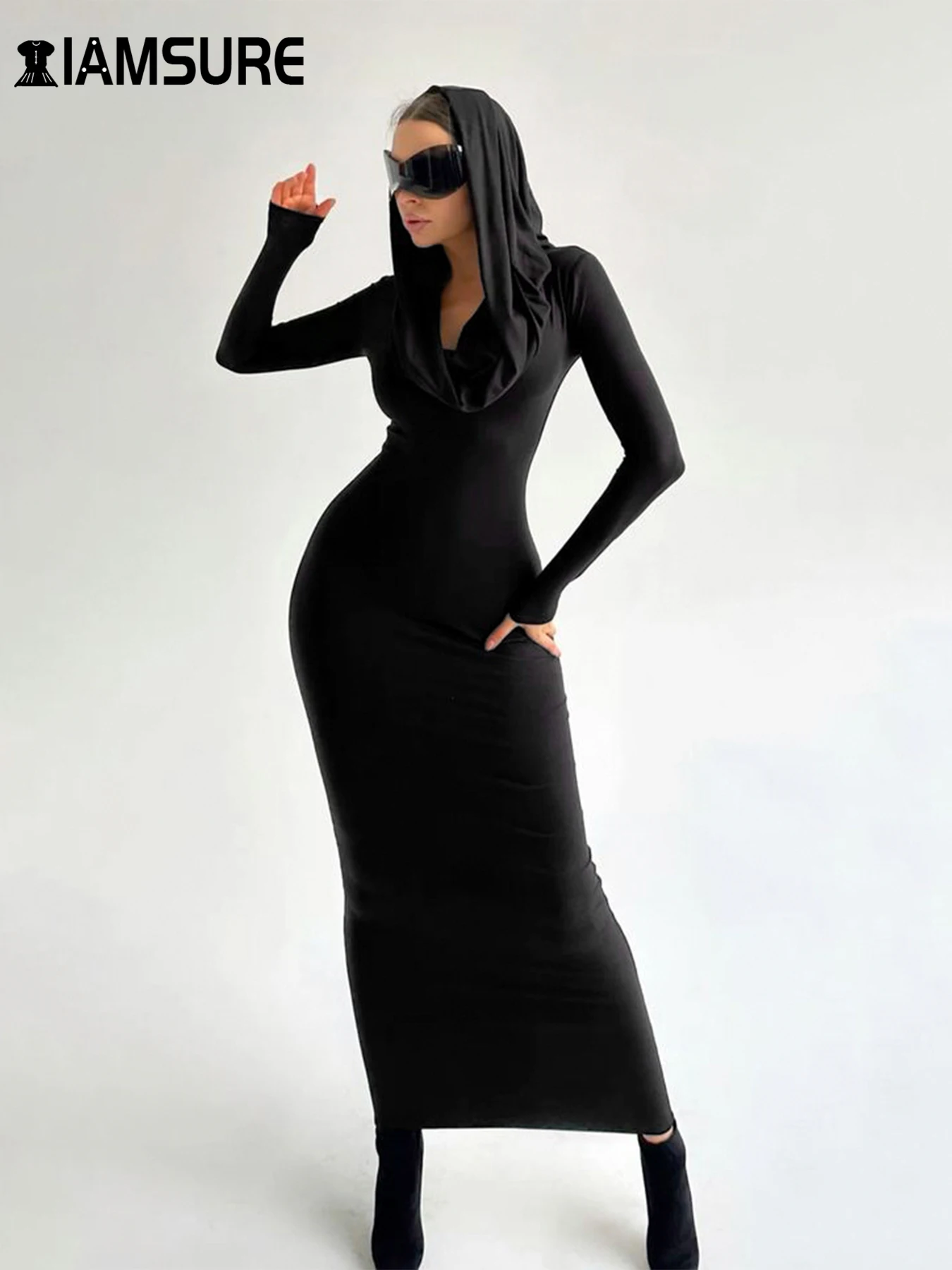 

IAMSURE Elegant Fashion Slim Solid A-Line Dress Sexy Hooded Slash Neck Long Sleeve Maxi Dresses For Women 2024 Autumn Winter