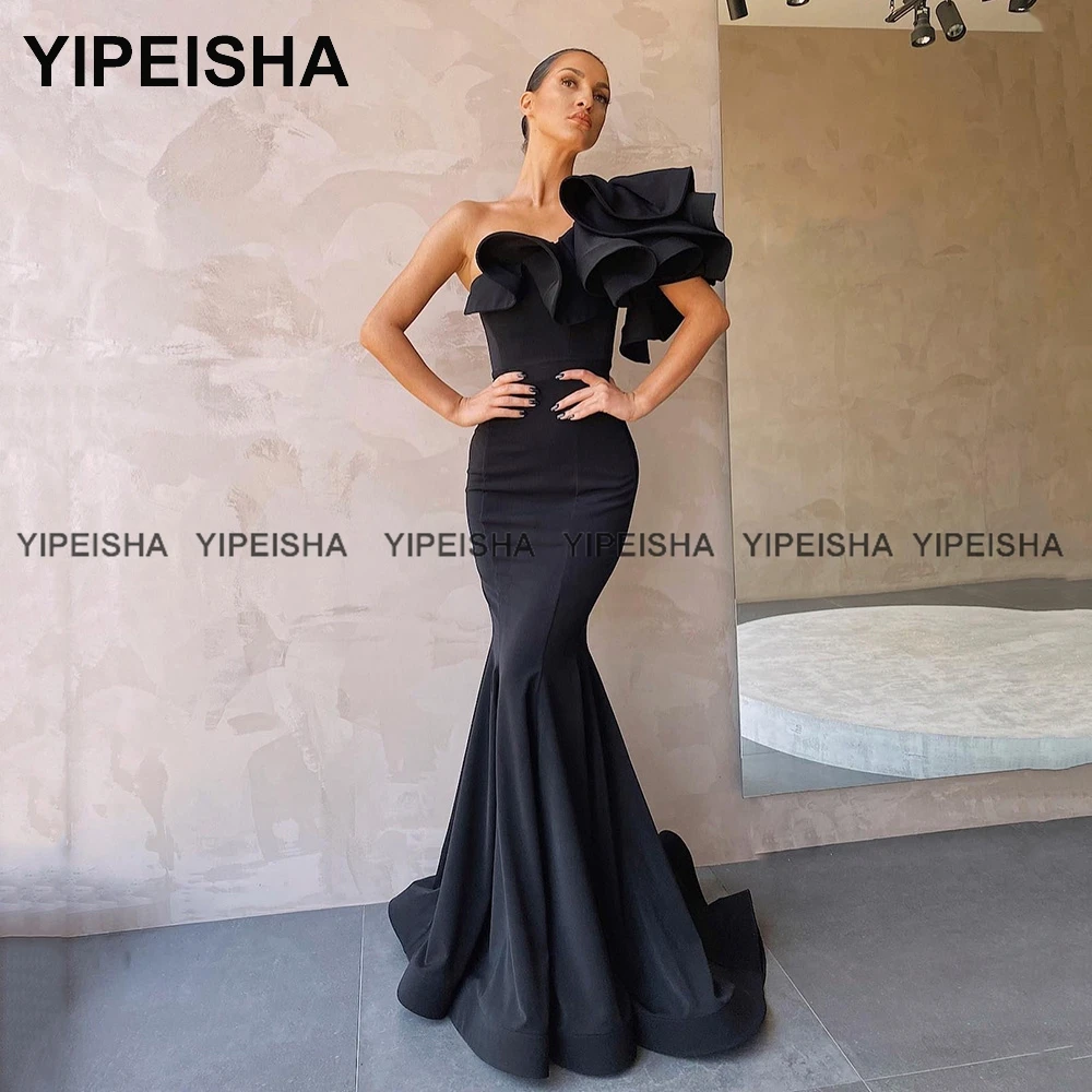 Yipeisha One-shoulder Red Prom Dresses Mermaid Ruffles Satin Long Party Dress Evening Gown for Formal Occasion Robe de Soiree