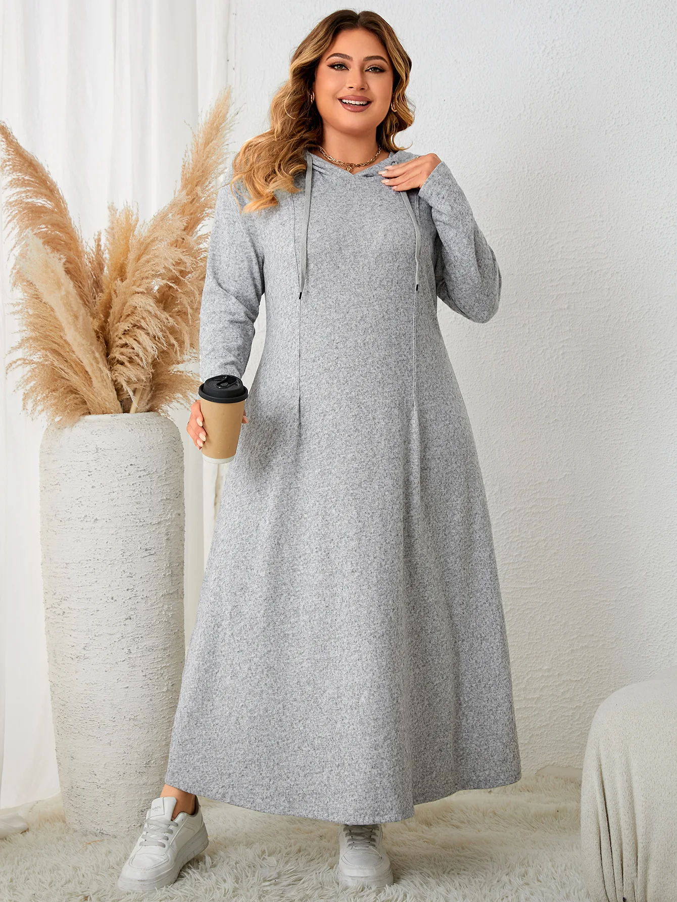 

Women's Plus Size Gray Hooded Long Sleeve Loose Fit Maxi Hoodie Dress Casual Daily Comfortable Fashion Wear