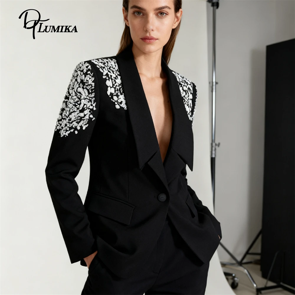 Irregular Pearl Suit Set for Women, Slim Fitting 2-Pieces Formal Pageant Suit, Jacket Pants Single Button Black Tuxedo Formal