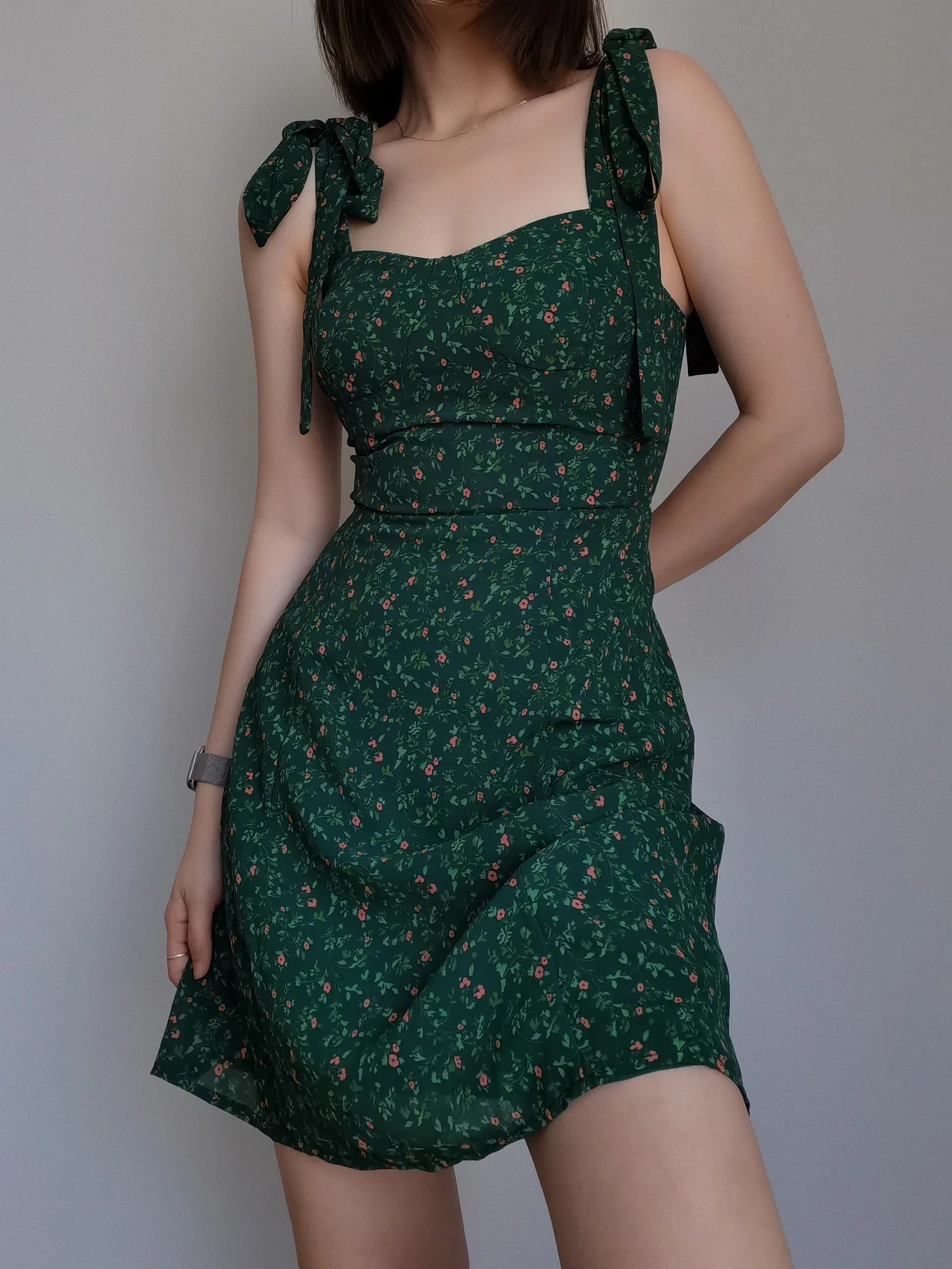 Mini Dresses French Style Retro Dark Green Floral Dress Women Summer Sweetheart Neckline Cinching Waist Slim A-line Short Dress
