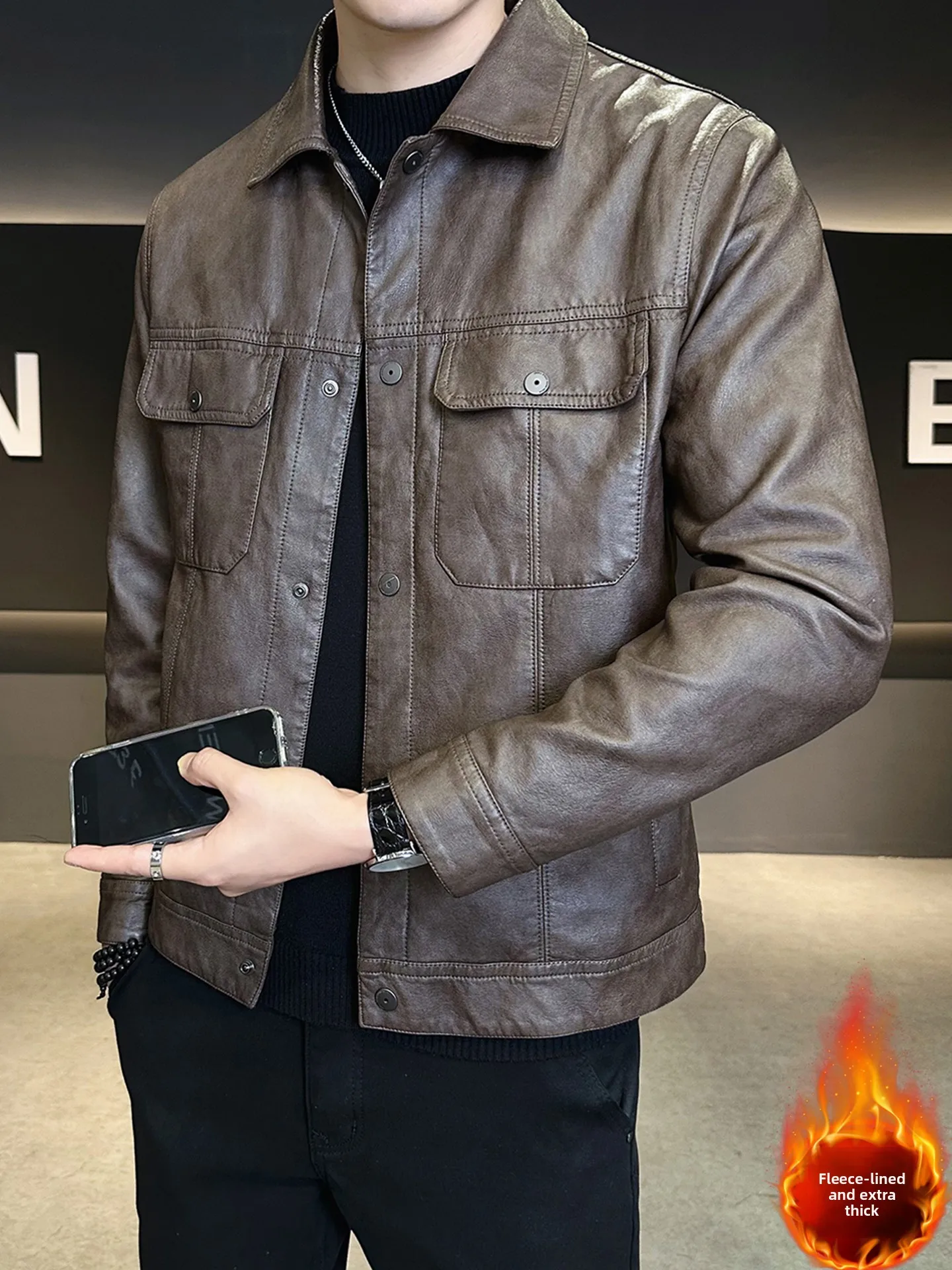 

Men's Biker Leather Jaet Thiened Fce Warmth Collar Motorbike Sle Autumn Winter New Arrival Slim Fit Casual Faion