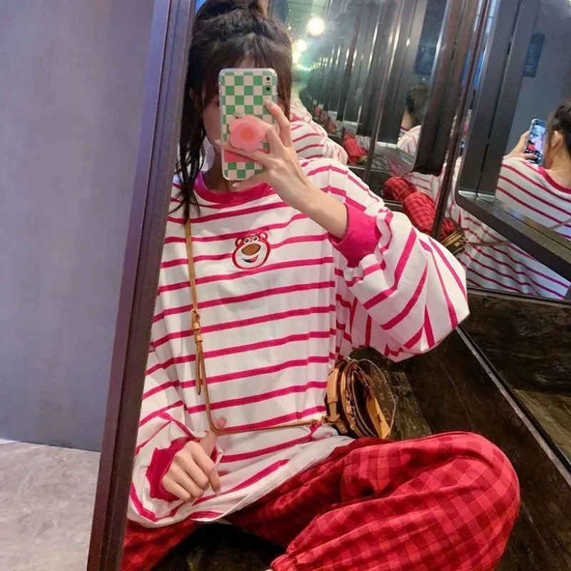 Disney Lotso Woman Pajamas Set Cartoon Girls Loose Printing Home Long-sleeved Pants Y2K Fashion Soft Home Pyjamas Casual T-shirt