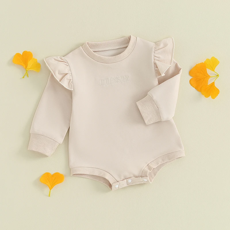 Newborn Infant Baby Girl Bubble Romper Little Sister Ruffle Long Sleeve Bodysuit Crewneck Sweatshirt  Cute Fall Clothes